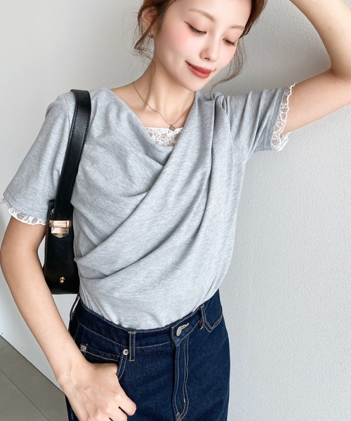 moment+(モーメントプラス)の「レースドッキングドレープ半袖Tシャツ(Tシャツ/カットソー・レディース・イエロー/ホワイト系その他/ピンク/ブラック/オフホワイト/ブラック系その他/チャコールグレー/杢グレー/ブルー・M/L)」の18枚目の写真