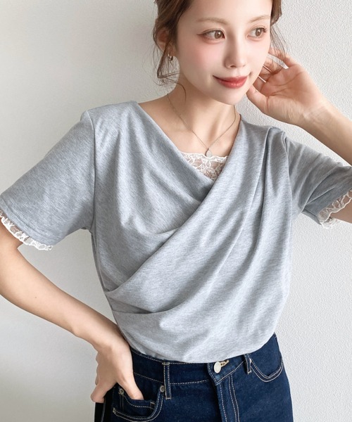 moment+(モーメントプラス)の「レースドッキングドレープ半袖Tシャツ(Tシャツ/カットソー・レディース・イエロー/ホワイト系その他/ピンク/ブラック/オフホワイト/ブラック系その他/チャコールグレー/杢グレー/ブルー・M/L)」の17枚目の写真