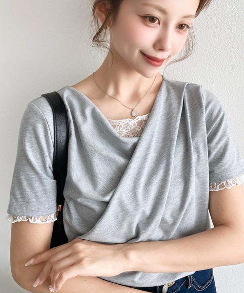 moment+(モーメントプラス)の「レースドッキングドレープ半袖Tシャツ(Tシャツ/カットソー・レディース・イエロー/ホワイト系その他/ピンク/ブラック/オフホワイト/ブラック系その他/チャコールグレー/杢グレー/ブルー・M/L)」の16枚目の写真