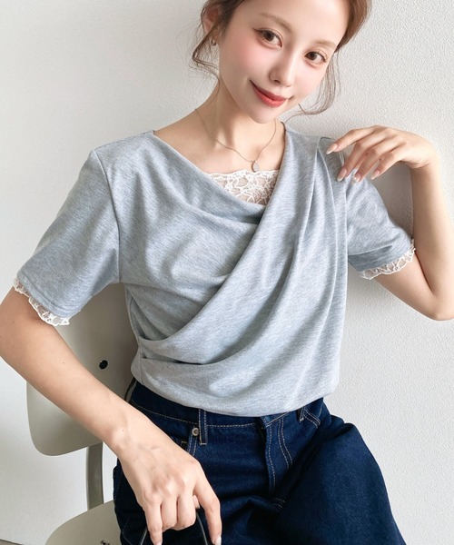 moment+(モーメントプラス)の「レースドッキングドレープ半袖Tシャツ(Tシャツ/カットソー・レディース・イエロー/ホワイト系その他/ピンク/ブラック/オフホワイト/ブラック系その他/チャコールグレー/杢グレー/ブルー・M/L)」の19枚目の写真