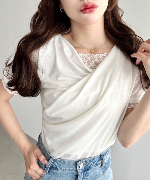 moment+(モーメントプラス)の「レースドッキングドレープ半袖Tシャツ(Tシャツ/カットソー・レディース・イエロー/ホワイト系その他/ピンク/ブラック/オフホワイト/ブラック系その他/チャコールグレー/杢グレー/ブルー・M/L)」の10枚目の写真