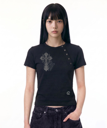 ヴィンテージクロス斜めボタンTシャツ_ブラック