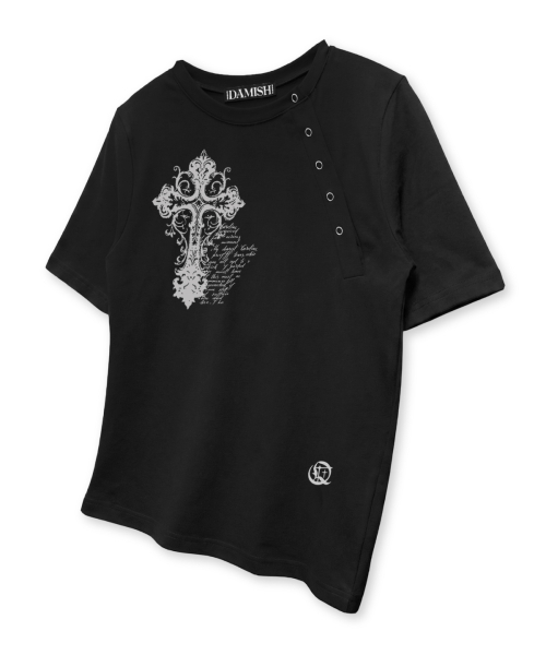 DAMISH（ダミシュ）の「ヴィンテージクロス斜めボタンTシャツ_ブラック（Tシャツ/カットソー・レディース・ブラック・OS）」の3枚目の写真