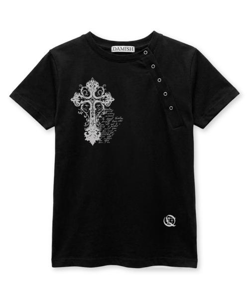 DAMISH（ダミシュ）の「ヴィンテージクロス斜めボタンTシャツ_ブラック（Tシャツ/カットソー・レディース・ブラック・OS）」の4枚目の写真