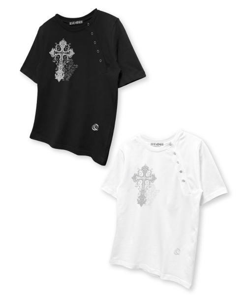DAMISH（ダミシュ）の「ヴィンテージクロス斜めボタンTシャツ_ブラック（Tシャツ/カットソー・レディース・ブラック・OS）」の6枚目の写真