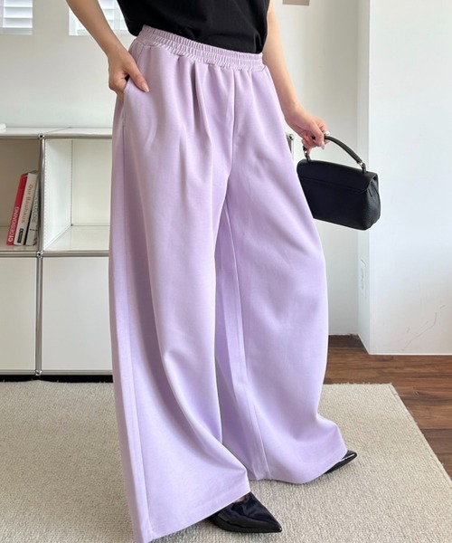 umune(ウムネ)の「スウェットパンツ ワイドパンツ ダンボールニット ウエストゴム ボトムス ロング丈 楽ちん リラクシー スポーティー ルームウェア(スウェットパンツ・レディース・ブラック/ベージュ/ライラック・L/M)」の6枚目の写真