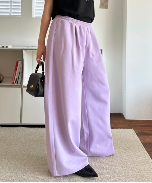 umune(ウムネ)の「スウェットパンツ ワイドパンツ ダンボールニット ウエストゴム ボトムス ロング丈 楽ちん リラクシー スポーティー ルームウェア(スウェットパンツ・レディース・ブラック/ベージュ/ライラック・L/M)」の7枚目の写真