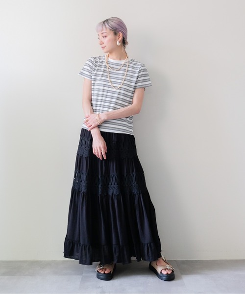 DOLLUPOOPS(ドールアップウップス)の「Lace Panel Tiered Long Skirt(レース切替ティアードロングスカート)(スカート・レディース・オフホワイト/ブラック・FREE)」の9枚目の写真