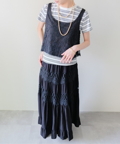 DOLLUPOOPS(ドールアップウップス)の「Lace Panel Tiered Long Skirt(レース切替ティアードロングスカート)(スカート・レディース・オフホワイト/ブラック・FREE)」の14枚目の写真
