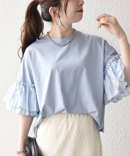 SHIPS any(シップス エニィ)の「SHIPS any:〈洗濯機可能〉フリル スリーブ クルーネック コンパクト TEE(Tシャツ/カットソー・レディース・ホワイト/ライトブルー/ブラック・ONE SIZE)」の1枚目の写真