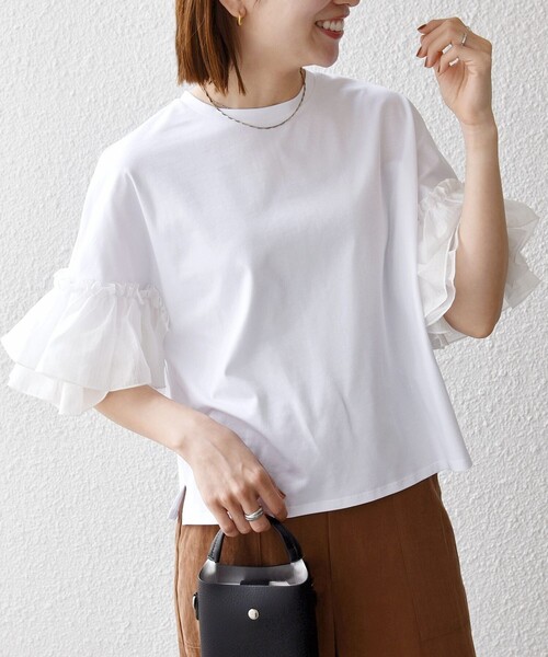 SHIPS any(シップス エニィ)の「SHIPS any:〈洗濯機可能〉フリル スリーブ クルーネック コンパクト TEE(Tシャツ/カットソー・レディース・ホワイト/ライトブルー/ブラック・ONE SIZE)」の6枚目の写真