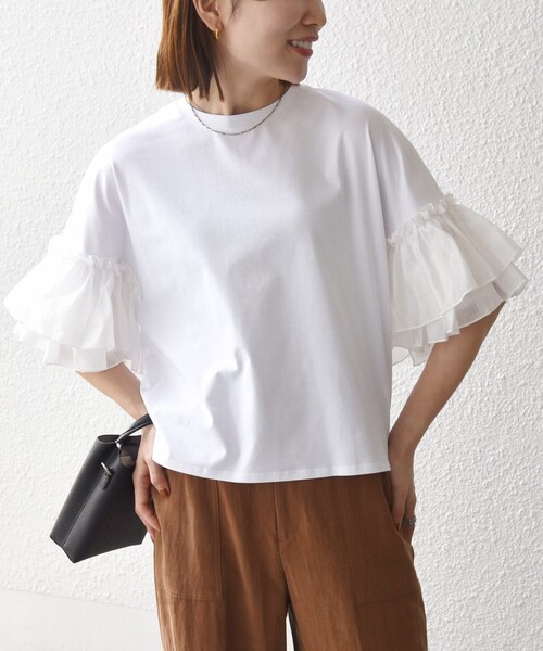 SHIPS any(シップス エニィ)の「SHIPS any:〈洗濯機可能〉フリル スリーブ クルーネック コンパクト TEE(Tシャツ/カットソー・レディース・ホワイト/ライトブルー/ブラック・ONE SIZE)」の8枚目の写真
