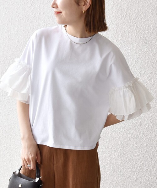 SHIPS any(シップス エニィ)の「SHIPS any:〈洗濯機可能〉フリル スリーブ クルーネック コンパクト TEE(Tシャツ/カットソー・レディース・ホワイト/ライトブルー/ブラック・ONE SIZE)」の9枚目の写真