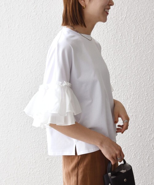 SHIPS any(シップス エニィ)の「SHIPS any:〈洗濯機可能〉フリル スリーブ クルーネック コンパクト TEE(Tシャツ/カットソー・レディース・ホワイト/ライトブルー/ブラック・ONE SIZE)」の10枚目の写真
