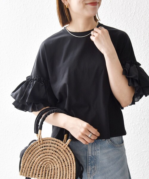 SHIPS any(シップス エニィ)の「SHIPS any:〈洗濯機可能〉フリル スリーブ クルーネック コンパクト TEE(Tシャツ/カットソー・レディース・ホワイト/ライトブルー/ブラック・ONE SIZE)」の15枚目の写真