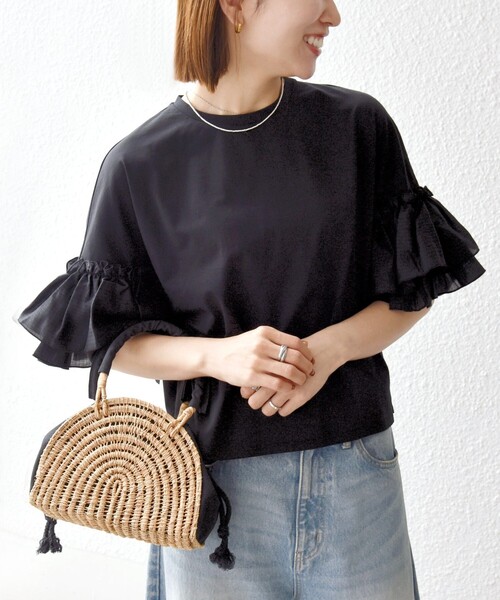 SHIPS any(シップス エニィ)の「SHIPS any:〈洗濯機可能〉フリル スリーブ クルーネック コンパクト TEE(Tシャツ/カットソー・レディース・ホワイト/ライトブルー/ブラック・ONE SIZE)」の16枚目の写真