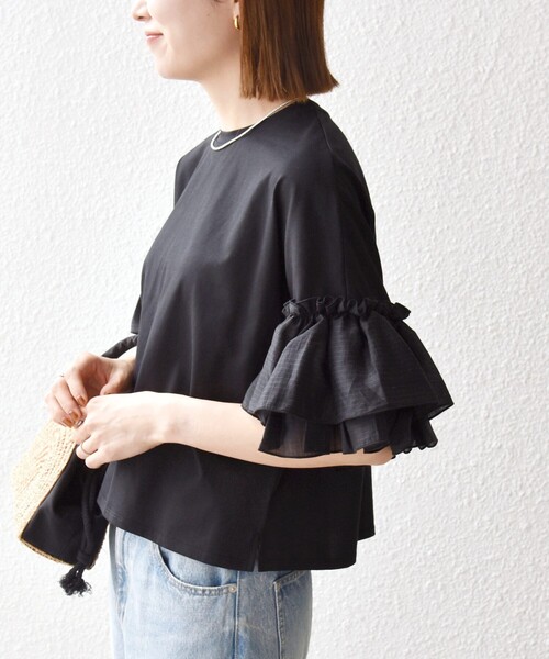 SHIPS any(シップス エニィ)の「SHIPS any:〈洗濯機可能〉フリル スリーブ クルーネック コンパクト TEE(Tシャツ/カットソー・レディース・ホワイト/ライトブルー/ブラック・ONE SIZE)」の19枚目の写真