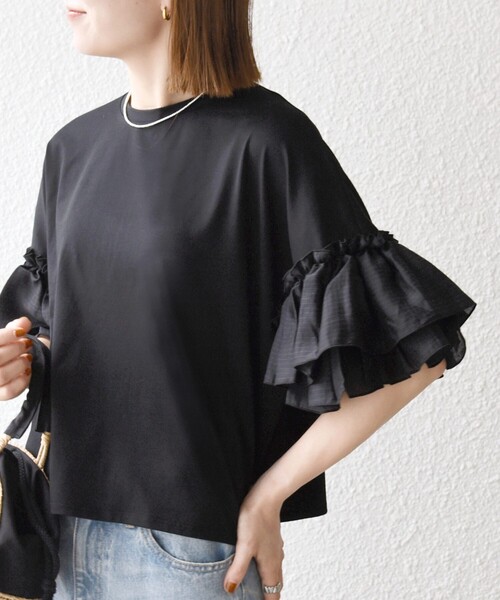 SHIPS any(シップス エニィ)の「SHIPS any:〈洗濯機可能〉フリル スリーブ クルーネック コンパクト TEE(Tシャツ/カットソー・レディース・ホワイト/ライトブルー/ブラック・ONE SIZE)」の20枚目の写真