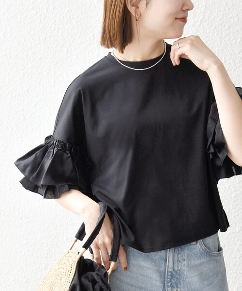 SHIPS any(シップス エニィ)の「SHIPS any:〈洗濯機可能〉フリル スリーブ クルーネック コンパクト TEE(Tシャツ/カットソー・レディース・ホワイト/ライトブルー/ブラック・ONE SIZE)」の21枚目の写真