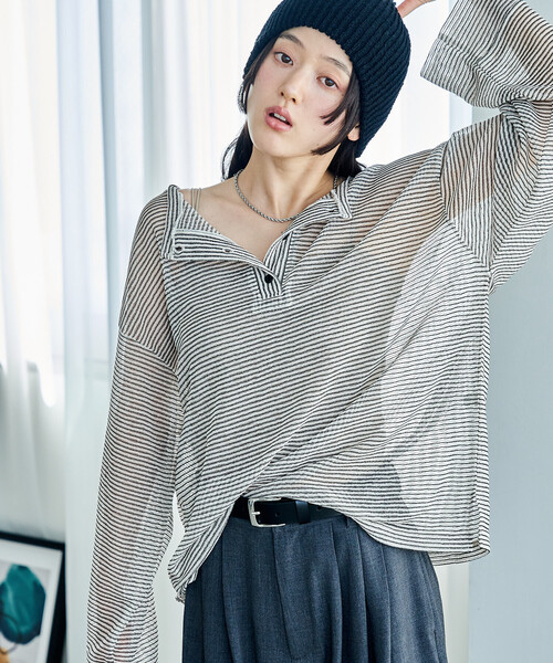 FREAK'S STORE(フリークスストア)の「ヘンリーシアーボーダープルオーバー(Tシャツ/カットソー・レディース・オフホワイト/ベージュ/ブラック・フリ-)」の4枚目の写真