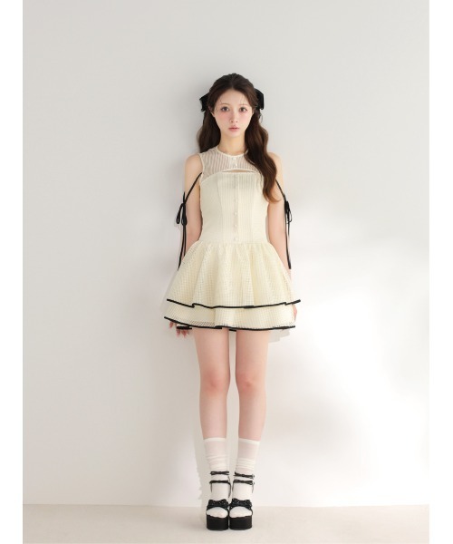 M me eme(エムミーエメ)の「Sheer decollete mesh lace mini onepiece(eme11029)(ワンピース・レディース・ホワイト×ブラック/アイボリー・FREE)」の9枚目の写真