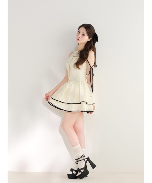 M me eme(エムミーエメ)の「Sheer decollete mesh lace mini onepiece(eme11029)(ワンピース・レディース・ホワイト×ブラック/アイボリー・FREE)」の10枚目の写真