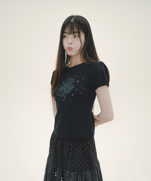 MIHEV（ミヘブ）の「ポインテル クローバー パフ Tシャツ ブラック ミント（Tシャツ/カットソー・レディース・その他・FREE）」の4枚目の写真