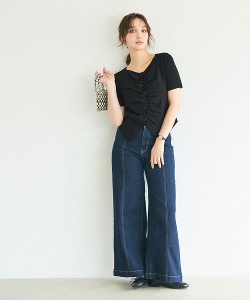 coca(coca)(コカ)の「フロントギャザー半袖ニットトップス(ニット/セーター・レディース・ブラック/ブラウン・S/M/L)」の9枚目の写真