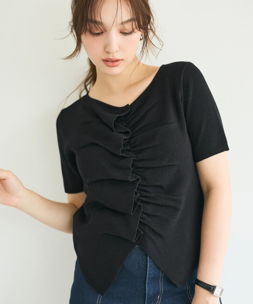 coca(coca)(コカ)の「フロントギャザー半袖ニットトップス(ニット/セーター・レディース・ブラック/ブラウン・S/M/L)」の11枚目の写真