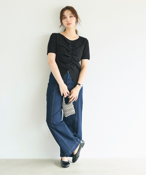 coca(coca)(コカ)の「フロントギャザー半袖ニットトップス(ニット/セーター・レディース・ブラック/ブラウン・S/M/L)」の13枚目の写真