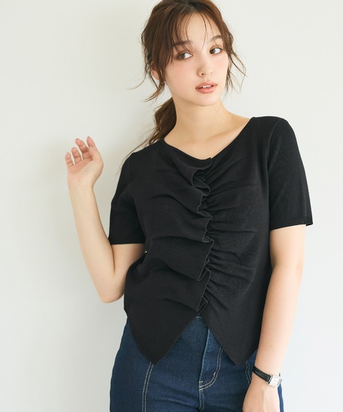 coca(coca)(コカ)の「フロントギャザー半袖ニットトップス(ニット/セーター・レディース・ブラック/ブラウン・S/M/L)」の14枚目の写真
