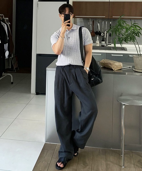 NOWLE(ノウル)の「【NOWLE】ケーブル編み ポロニット 半袖 ポロシャツ / リラックス サマーニット トップス(ポロシャツ・メンズ・ブラック/グレー・X-LARGE/LARGE/MEDIUM)」の3枚目の写真