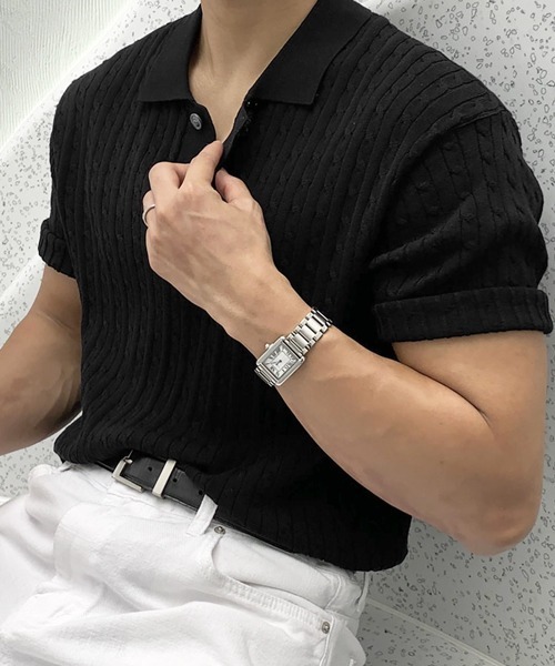 NOWLE(ノウル)の「【NOWLE】ケーブル編み ポロニット 半袖 ポロシャツ / リラックス サマーニット トップス(ポロシャツ・メンズ・ブラック/グレー・X-LARGE/LARGE/MEDIUM)」の13枚目の写真