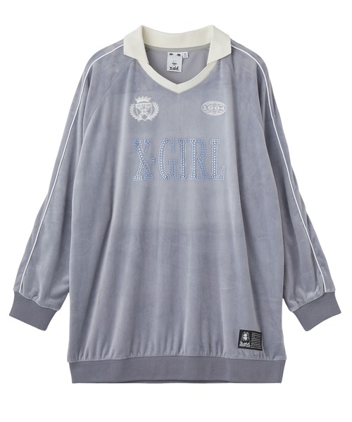 X-girl(エックスガール)の「RHINESTONE LOGO VELOUR GAME SHIRT DRESS(ワンピース・レディース・ブラック/ブラウン/グレー・S/M)」の3枚目の写真
