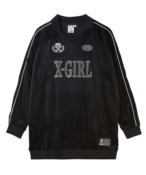 X-girl(エックスガール)の「RHINESTONE LOGO VELOUR GAME SHIRT DRESS(ワンピース・レディース・ブラック/ブラウン/グレー・S/M)」の2枚目の写真