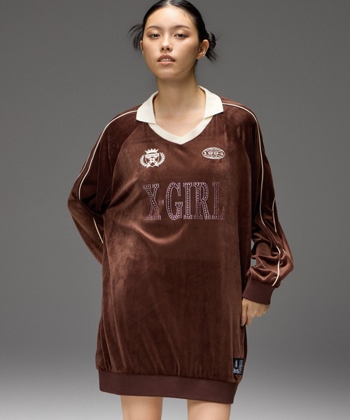 X-girl(エックスガール)の「RHINESTONE LOGO VELOUR GAME SHIRT DRESS(ワンピース・レディース・ブラック/ブラウン/グレー・S/M)」の4枚目の写真