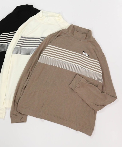 STUDIO PICONE(スタジオピッコーネ)の「フロントボーダー発熱プルオーバー(Tシャツ/カットソー・レディース・ブラック/ブラウン/ホワイト・M/L/LL)」の1枚目の写真