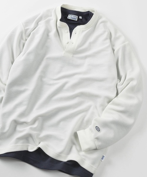 DISCUS（ディスカス）の「【71】【DISCUS/ディスカス】無地 ワッフル ヘンリーネック  ロングスリーブ Tシャツ/サーマル/ロンT/インナー/ユニセックス/レディース/メンズ（Tシャツ/カットソー・メンズ・グリーン/アイボリー/ネイビー/ブラック・M/L/XL）」の2枚目の写真