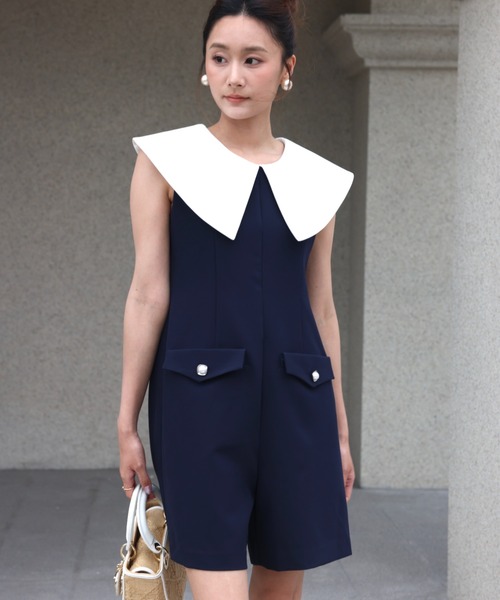 BIRTHDAY BASH(バースデイバッシュ)の「BIG COLLAR CULOTTE ALL IN ONE(ビッグカラーキュロットオールインワン)(つなぎ/オールインワン・レディース・ネイビー/ホワイト・S/M)」の2枚目の写真