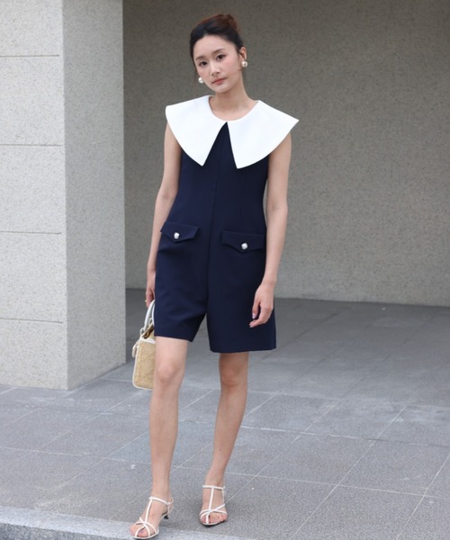 BIRTHDAY BASH(バースデイバッシュ)の「BIG COLLAR CULOTTE ALL IN ONE(ビッグカラーキュロットオールインワン)(つなぎ/オールインワン・レディース・ネイビー/ホワイト・S/M)」の6枚目の写真