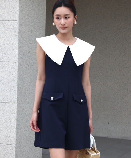 BIRTHDAY BASH(バースデイバッシュ)の「BIG COLLAR CULOTTE ALL IN ONE(ビッグカラーキュロットオールインワン)(つなぎ/オールインワン・レディース・ネイビー/ホワイト・S/M)」の8枚目の写真