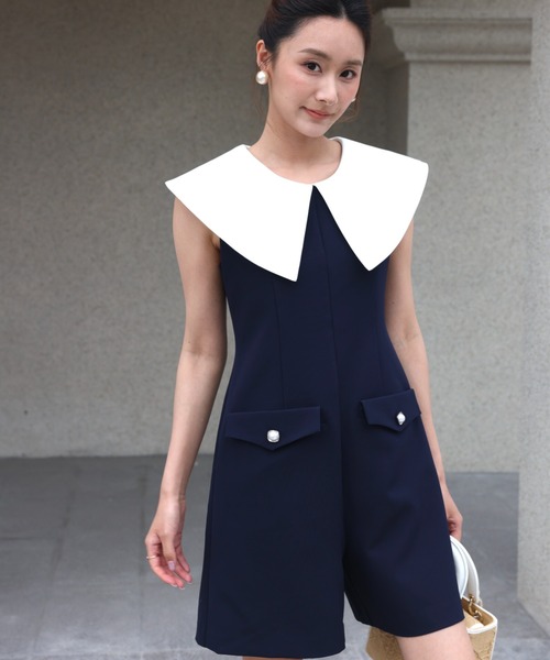 BIRTHDAY BASH(バースデイバッシュ)の「BIG COLLAR CULOTTE ALL IN ONE(ビッグカラーキュロットオールインワン)(つなぎ/オールインワン・レディース・ネイビー/ホワイト・S/M)」の4枚目の写真