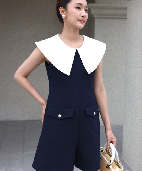 BIRTHDAY BASH(バースデイバッシュ)の「BIG COLLAR CULOTTE ALL IN ONE(ビッグカラーキュロットオールインワン)(つなぎ/オールインワン・レディース・ネイビー/ホワイト・S/M)」の3枚目の写真