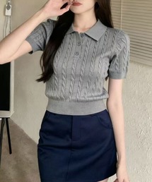 ポロカラー半袖ケーブルニット