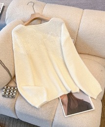 フェイクパール クルーネック クロシェ編み ニットトップス