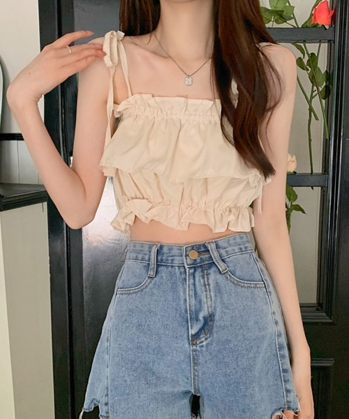 Miniministore（ミニミニストア）の「フリル キャミソール ペプラムキャミ夏服（キャミソール・レディース・ベージュ/ピンク/カーキ/ブラック/ホワイト・FREE）」の3枚目の写真