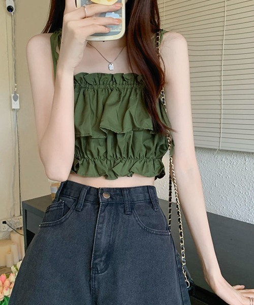 Miniministore（ミニミニストア）の「フリル キャミソール ペプラムキャミ夏服（キャミソール・レディース・ベージュ/ピンク/カーキ/ブラック/ホワイト・FREE）」の4枚目の写真