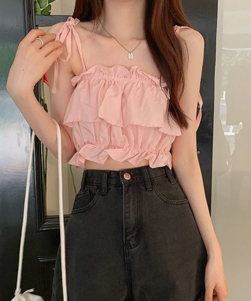 Miniministore（ミニミニストア）の「フリル キャミソール ペプラムキャミ夏服（キャミソール・レディース・ベージュ/ピンク/カーキ/ブラック/ホワイト・FREE）」の5枚目の写真