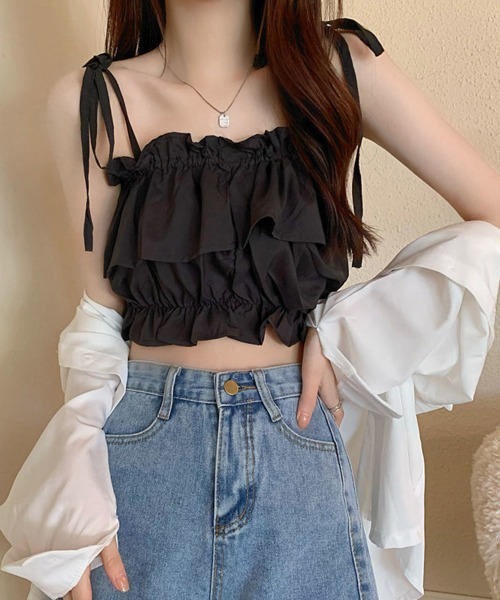 Miniministore（ミニミニストア）の「フリル キャミソール ペプラムキャミ夏服（キャミソール・レディース・ベージュ/ピンク/カーキ/ブラック/ホワイト・FREE）」の2枚目の写真