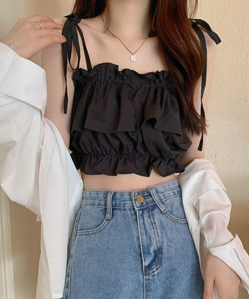 Miniministore（ミニミニストア）の「フリル キャミソール ペプラムキャミ夏服（キャミソール・レディース・ベージュ/ピンク/カーキ/ブラック/ホワイト・FREE）」の6枚目の写真